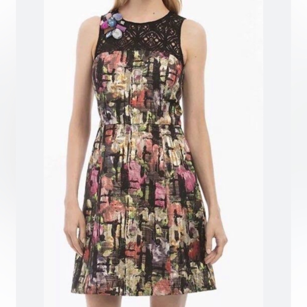 Nicole Miller Abstract Metallic Print Jewel Cocktail Party Dress in black